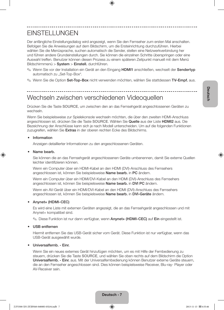 Einstellungen, Wechseln zwischen verschiedenen videoquellen | Samsung UE32F5300AW User Manual | Page 47 / 81