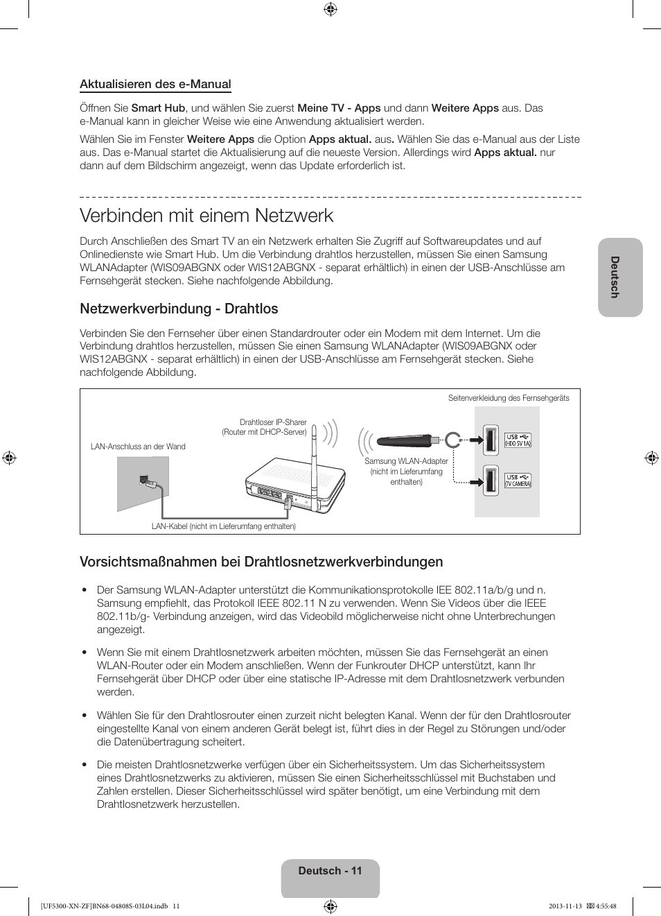 Verbinden mit einem netzwerk, Netzwerkverbindung - drahtlos | Samsung UE32F5300AW User Manual | Page 51 / 81