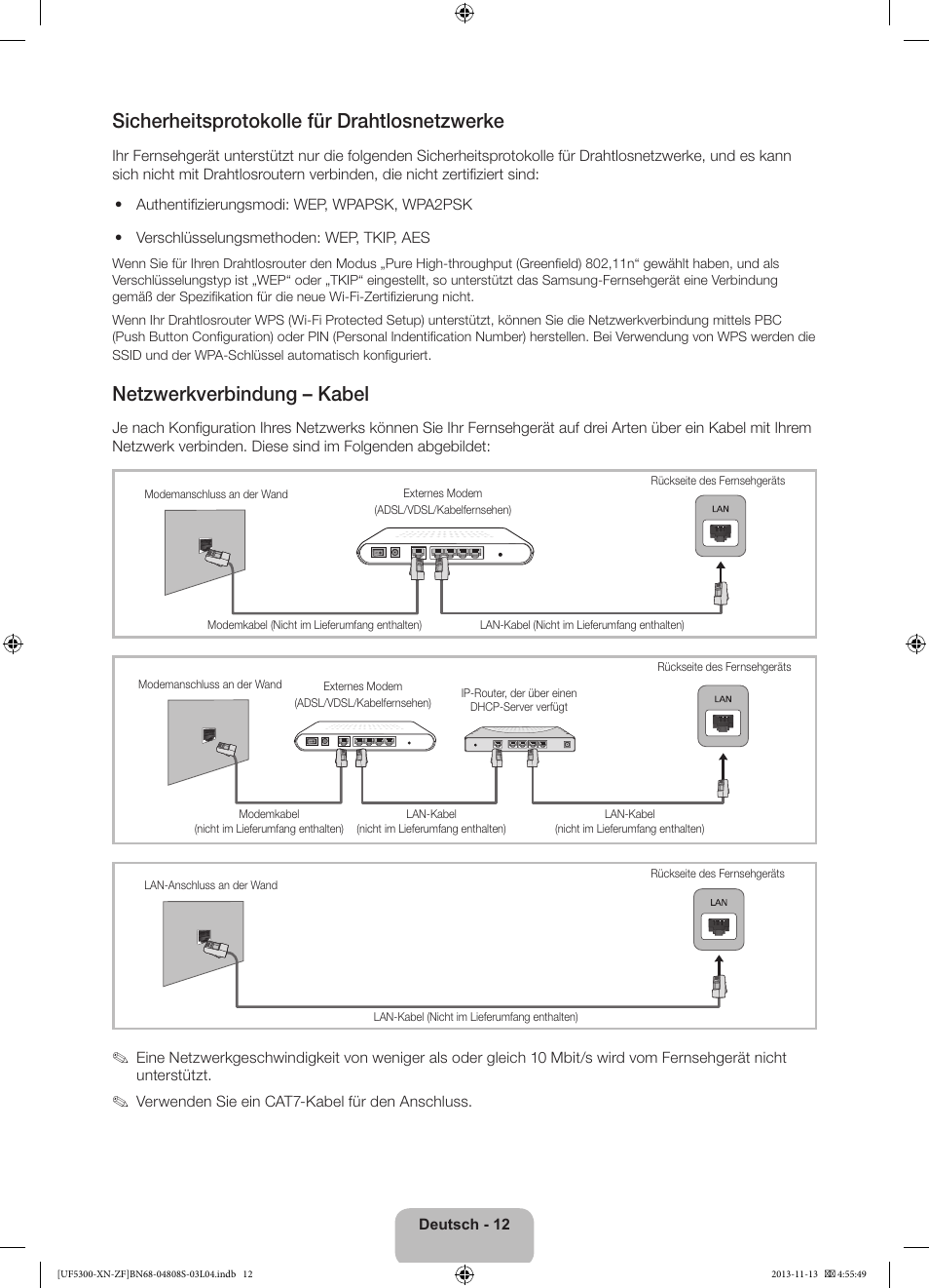 Sicherheitsprotokolle für drahtlosnetzwerke, Netzwerkverbindung – kabel | Samsung UE32F5300AW User Manual | Page 52 / 81