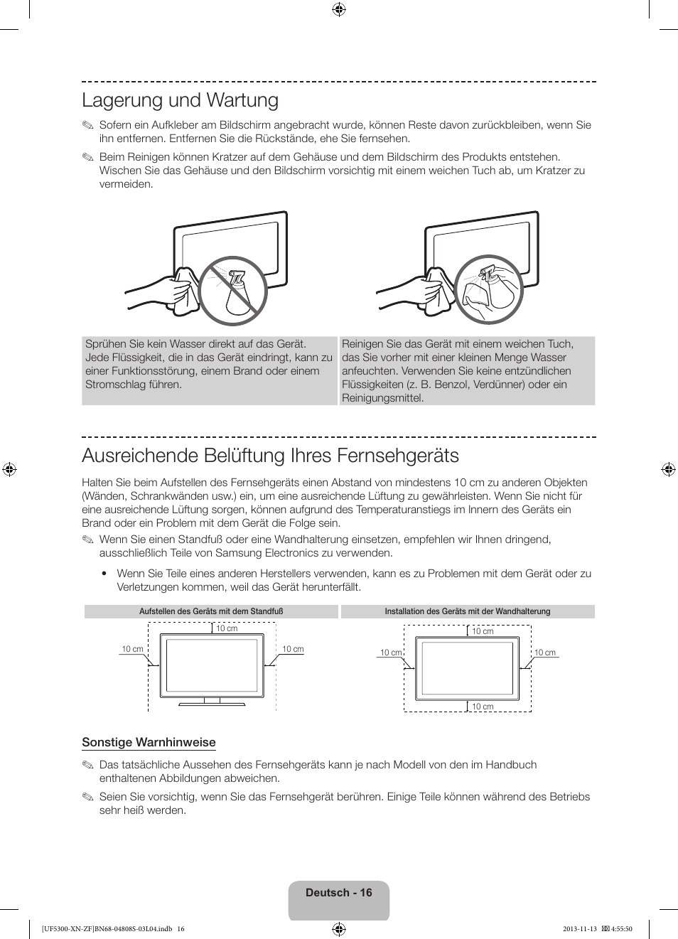 Lagerung und wartung, Ausreichende belüftung ihres fernsehgeräts | Samsung UE32F5300AW User Manual | Page 56 / 81