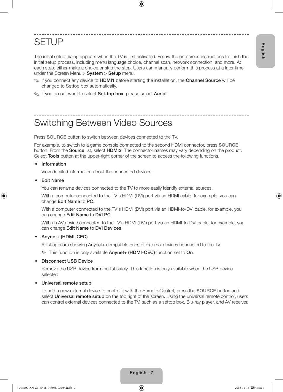 Setup, Switching between video sources | Samsung UE32F5300AW User Manual | Page 7 / 81