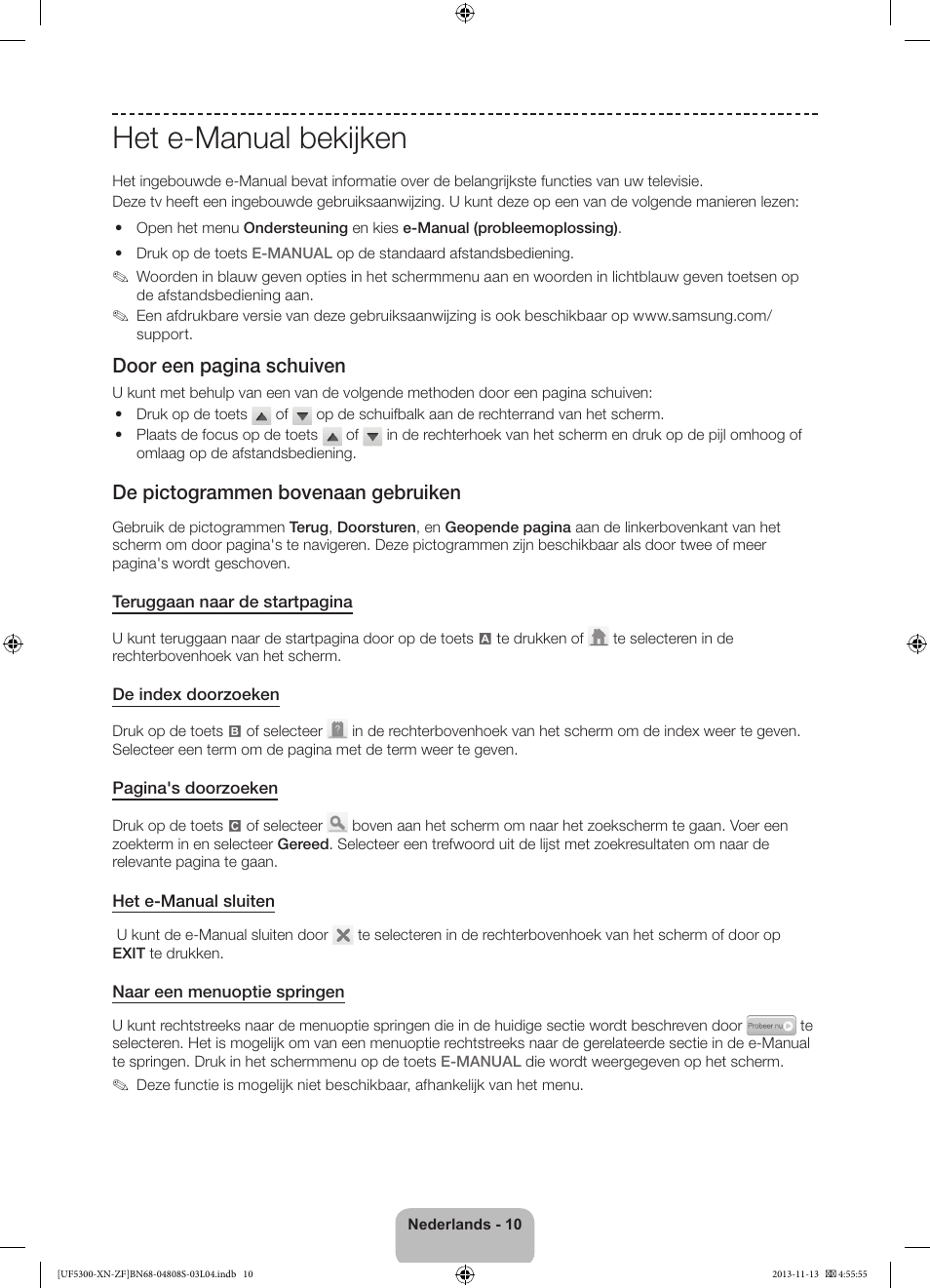 Het e-manual bekijken, Door een pagina schuiven, De pictogrammen bovenaan gebruiken | Samsung UE32F5300AW User Manual | Page 70 / 81