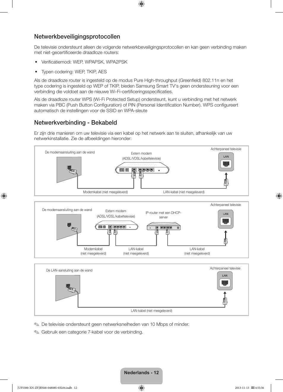 Netwerkbeveiligingsprotocollen, Netwerkverbinding - bekabeld | Samsung UE32F5300AW User Manual | Page 72 / 81