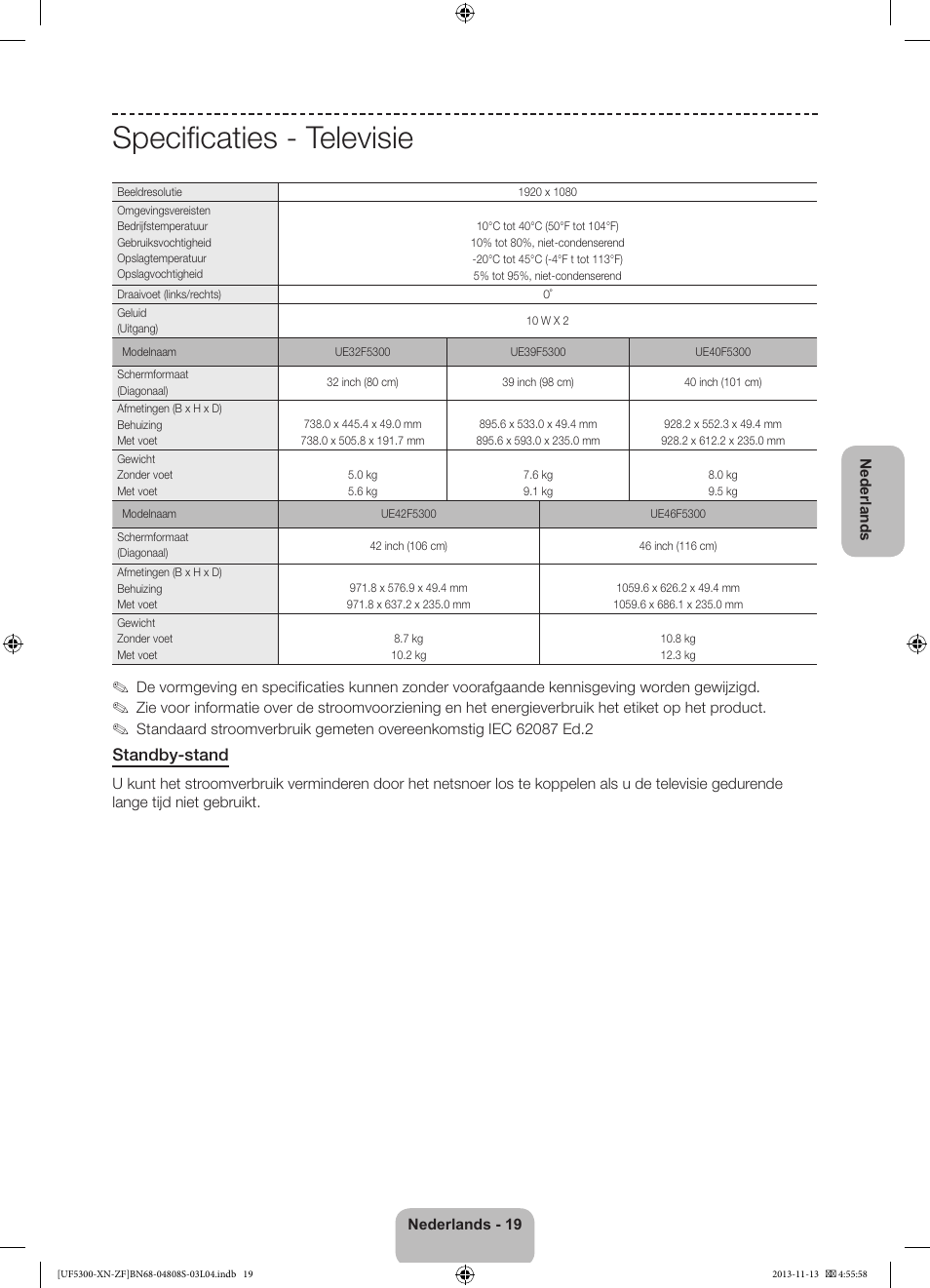 Specificaties - televisie, Standby-stand | Samsung UE32F5300AW User Manual | Page 79 / 81