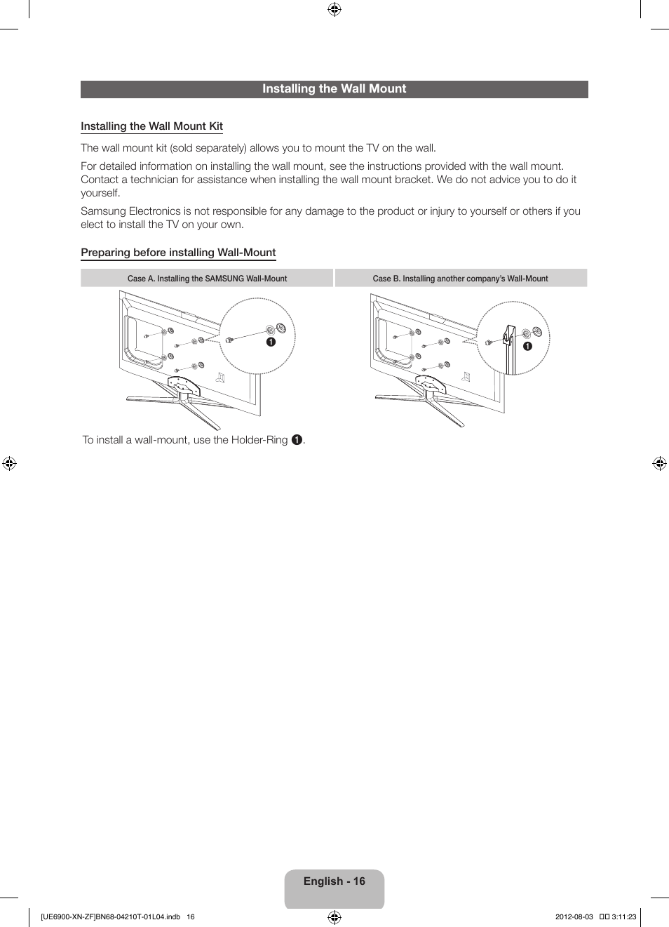 Installing the wall mount | Samsung UE40ES6900S User Manual | Page 16 / 91