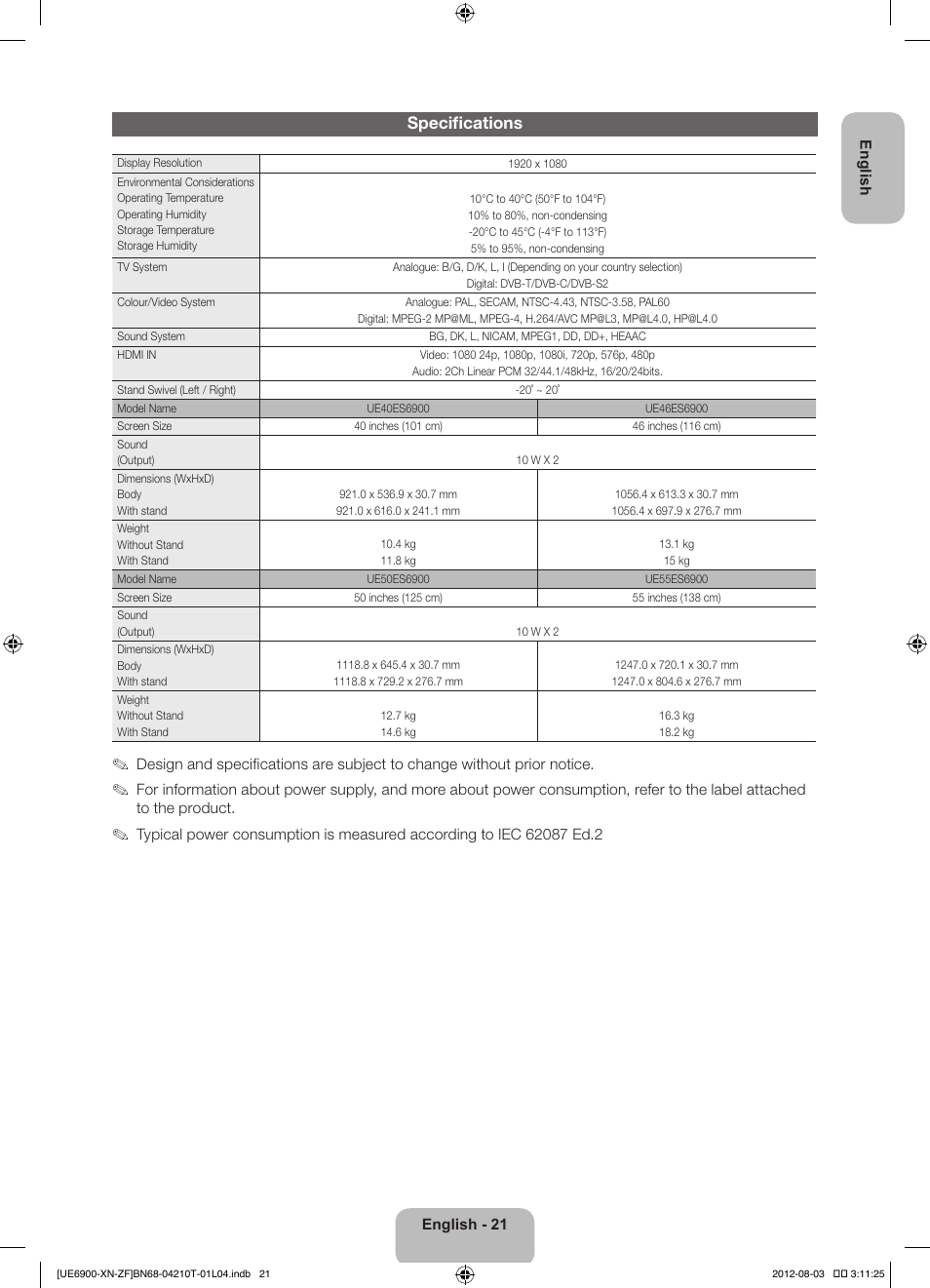 Specifications | Samsung UE40ES6900S User Manual | Page 21 / 91