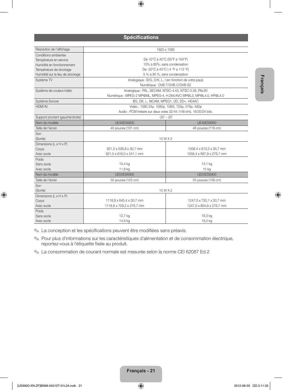 Spécifications | Samsung UE40ES6900S User Manual | Page 43 / 91