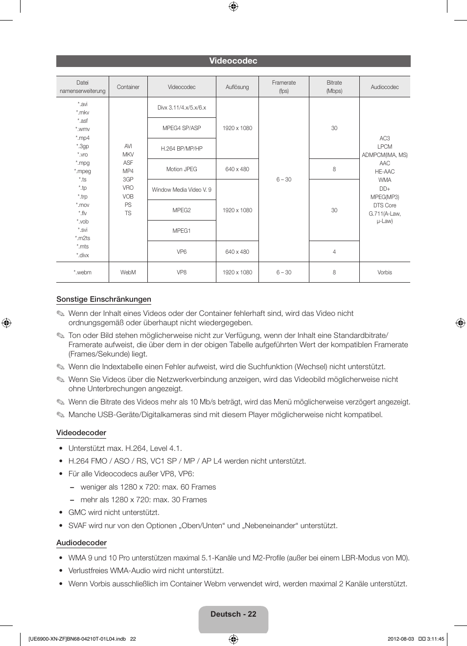 Videocodec | Samsung UE40ES6900S User Manual | Page 66 / 91