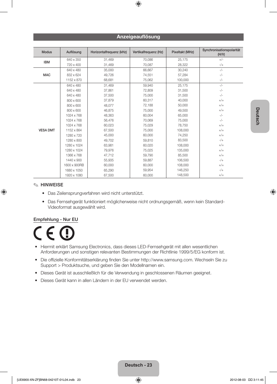 Anzeigeauflösung | Samsung UE40ES6900S User Manual | Page 67 / 91