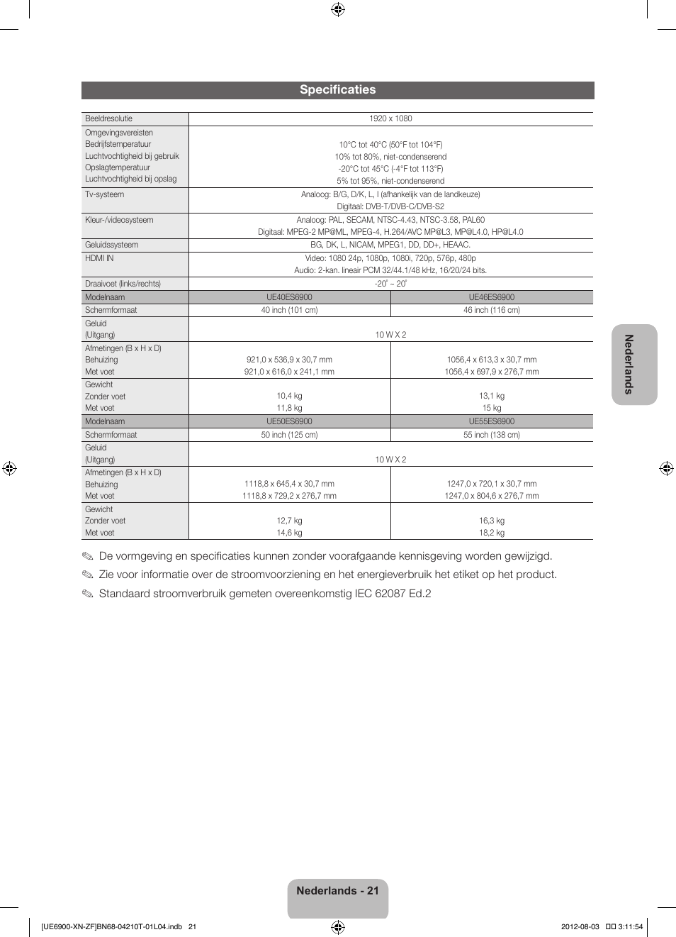 Specificaties | Samsung UE40ES6900S User Manual | Page 88 / 91