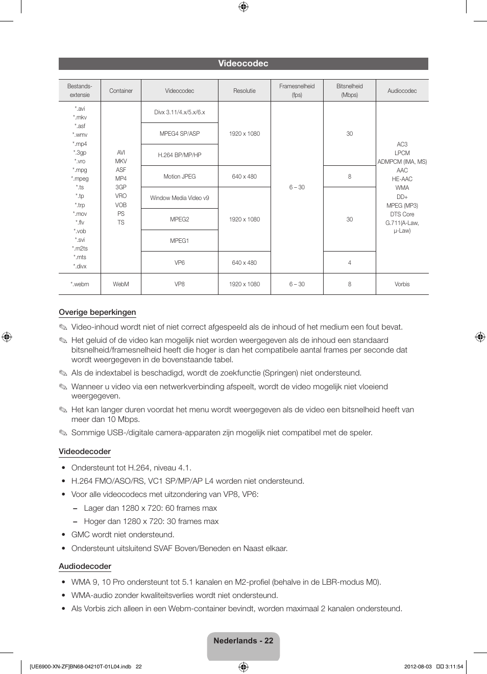 Videocodec | Samsung UE40ES6900S User Manual | Page 89 / 91