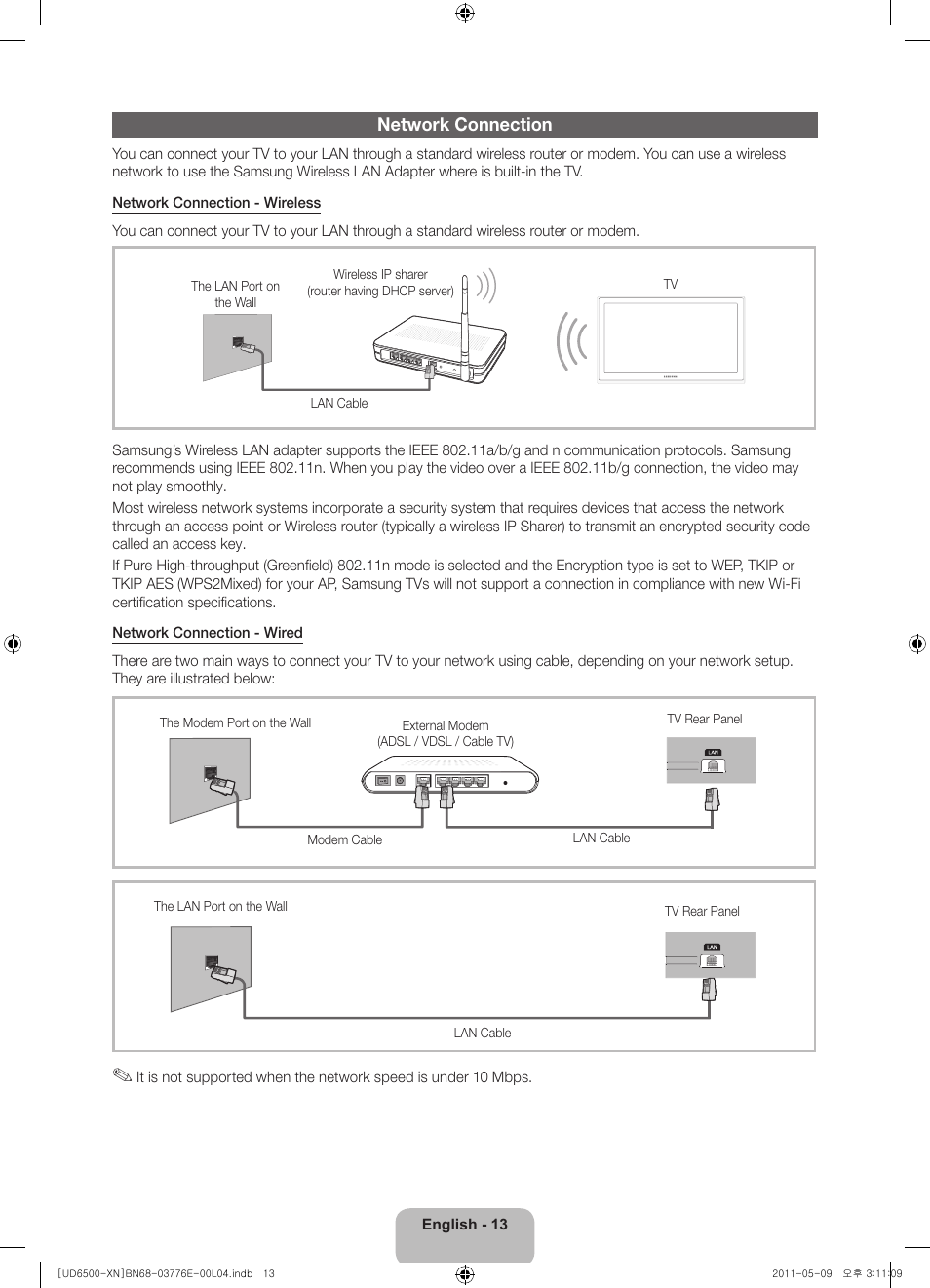 Network connection | Samsung UE40D6500VS User Manual | Page 13 / 82