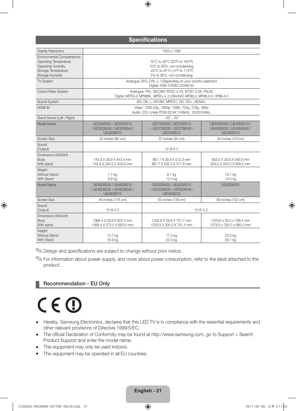 Specifications, Recommendation - eu only | Samsung UE40D6500VS User Manual | Page 21 / 82