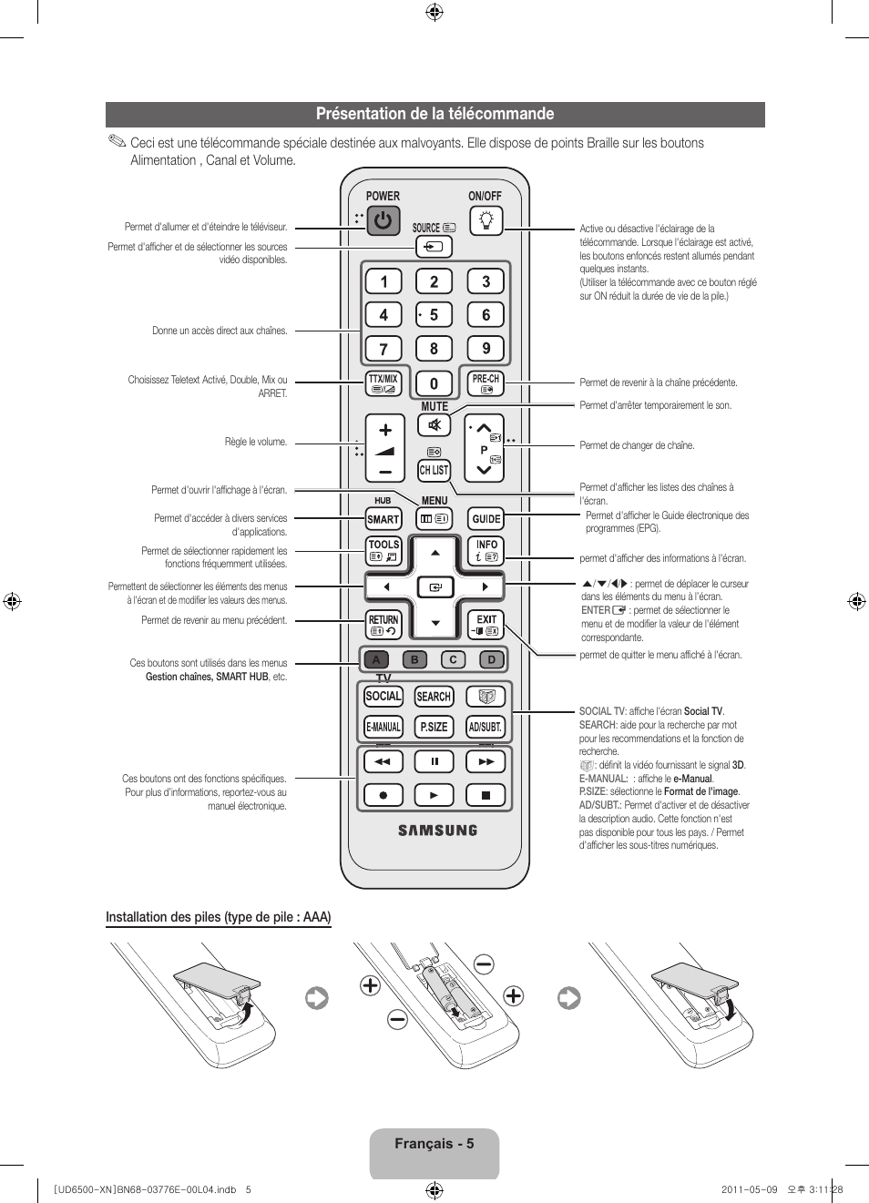 Présentation de la télécommande | Samsung UE40D6500VS User Manual | Page 25 / 82