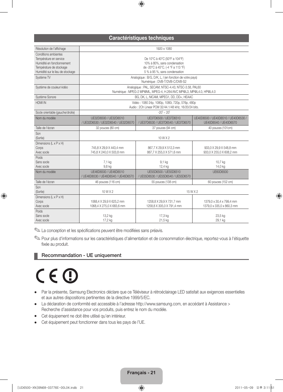 Caractéristiques techniques, Recommandation - ue uniquement | Samsung UE40D6500VS User Manual | Page 41 / 82