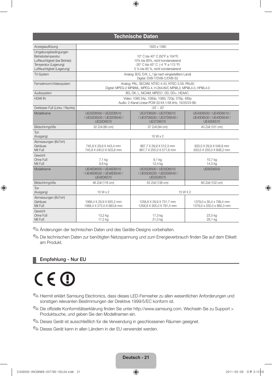 Technische daten | Samsung UE40D6500VS User Manual | Page 61 / 82