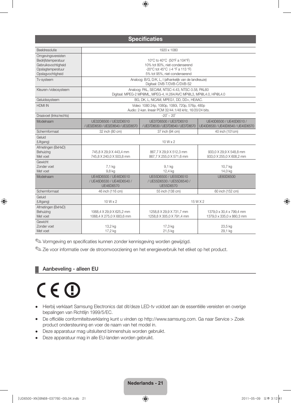 Specificaties, Aanbeveling - alleen eu | Samsung UE40D6500VS User Manual | Page 81 / 82