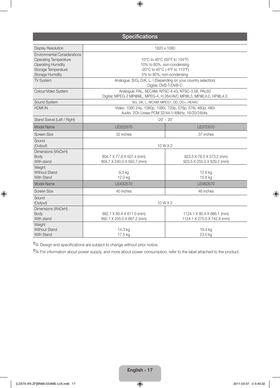 Specifications | Samsung LE32D570K2S User Manual | Page 17 / 65