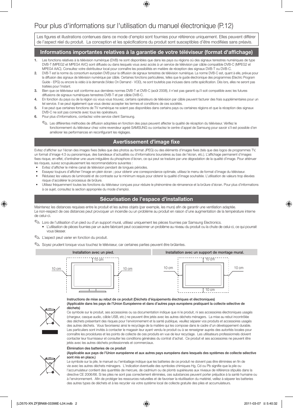 Avertissement d’image fixe, Sécurisation de l’espace d’installation | Samsung LE32D570K2S User Manual | Page 18 / 65