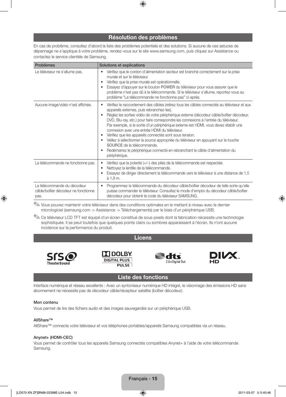 Résolution des problèmes, Licens liste des fonctions | Samsung LE32D570K2S User Manual | Page 31 / 65