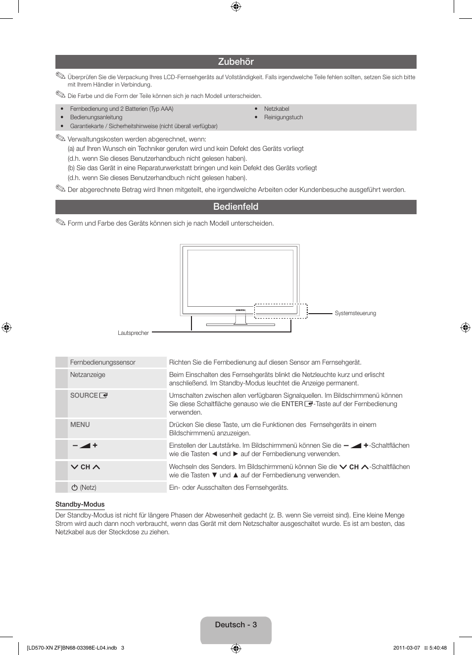 Zubehör, Bedienfeld | Samsung LE32D570K2S User Manual | Page 35 / 65