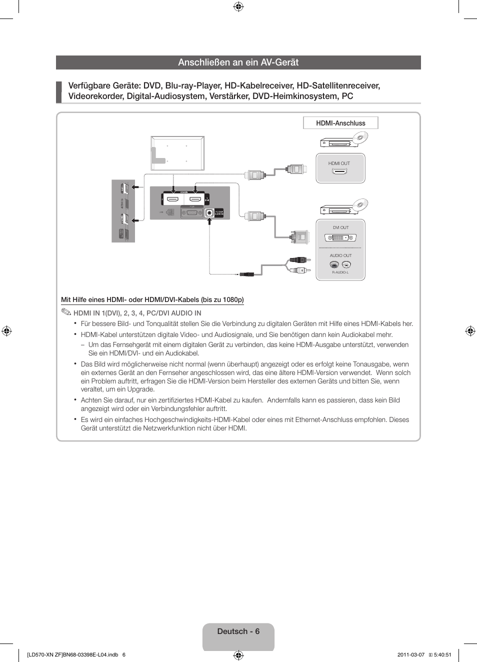 Anschließen an ein av-gerät | Samsung LE32D570K2S User Manual | Page 38 / 65