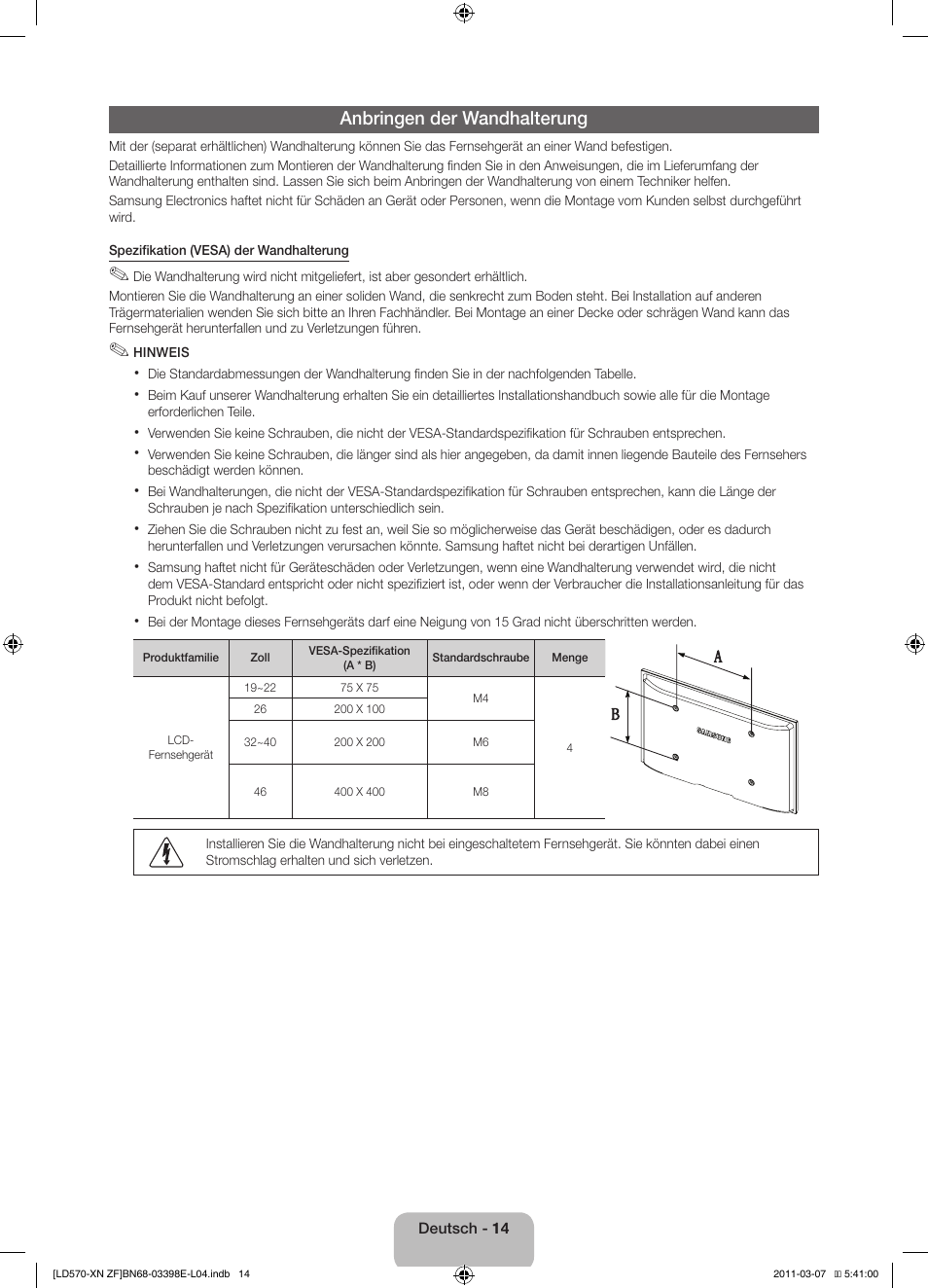 Anbringen der wandhalterung | Samsung LE32D570K2S User Manual | Page 46 / 65