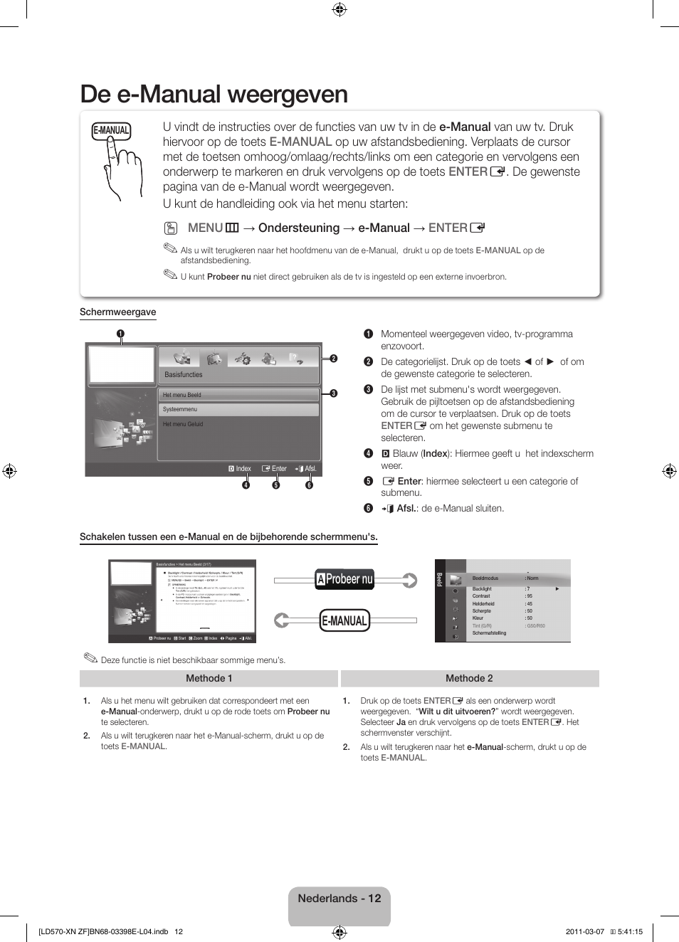 De e-manual weergeven, Aprobeer nu, E-manual | Menu m → ondersteuning → e-manual → enter e | Samsung LE32D570K2S User Manual | Page 60 / 65