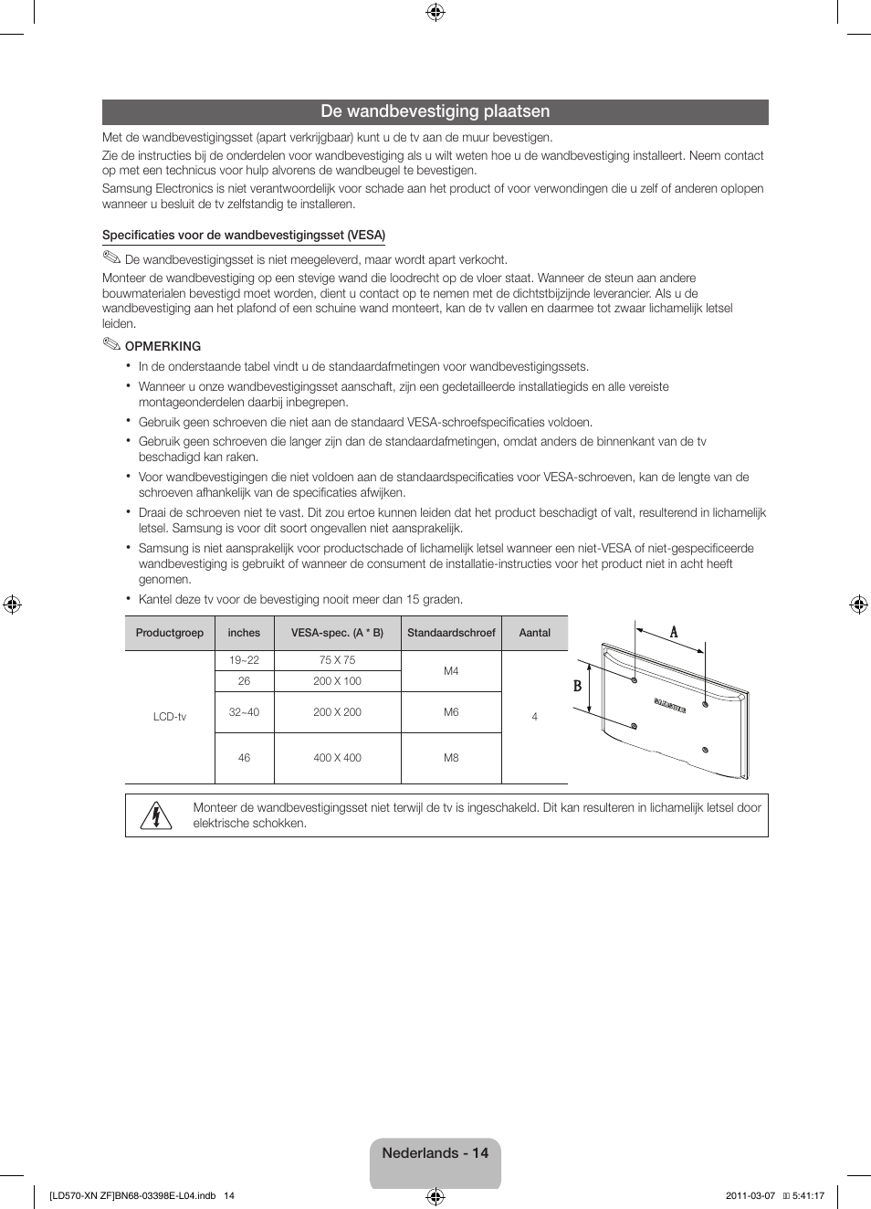 De wandbevestiging plaatsen | Samsung LE32D570K2S User Manual | Page 62 / 65