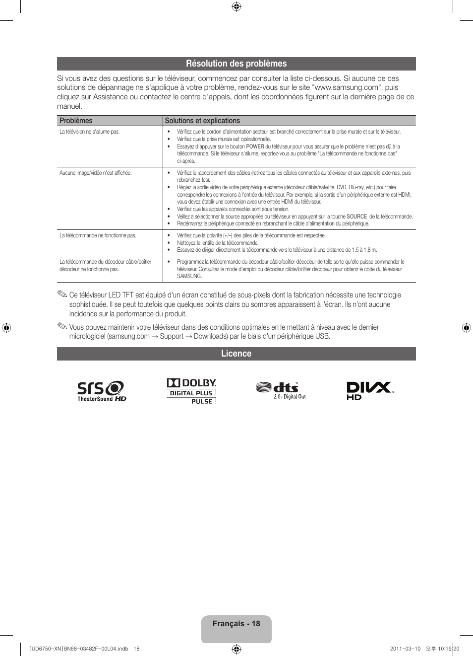 Résolution des problèmes, Licence | Samsung UE46D6750WS User Manual | Page 40 / 86