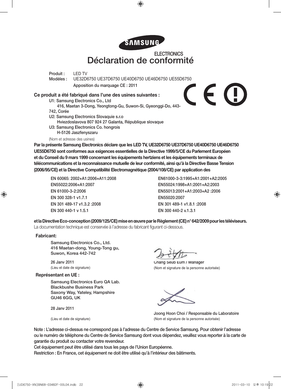 Déclaration de conformité | Samsung UE46D6750WS User Manual | Page 44 / 86