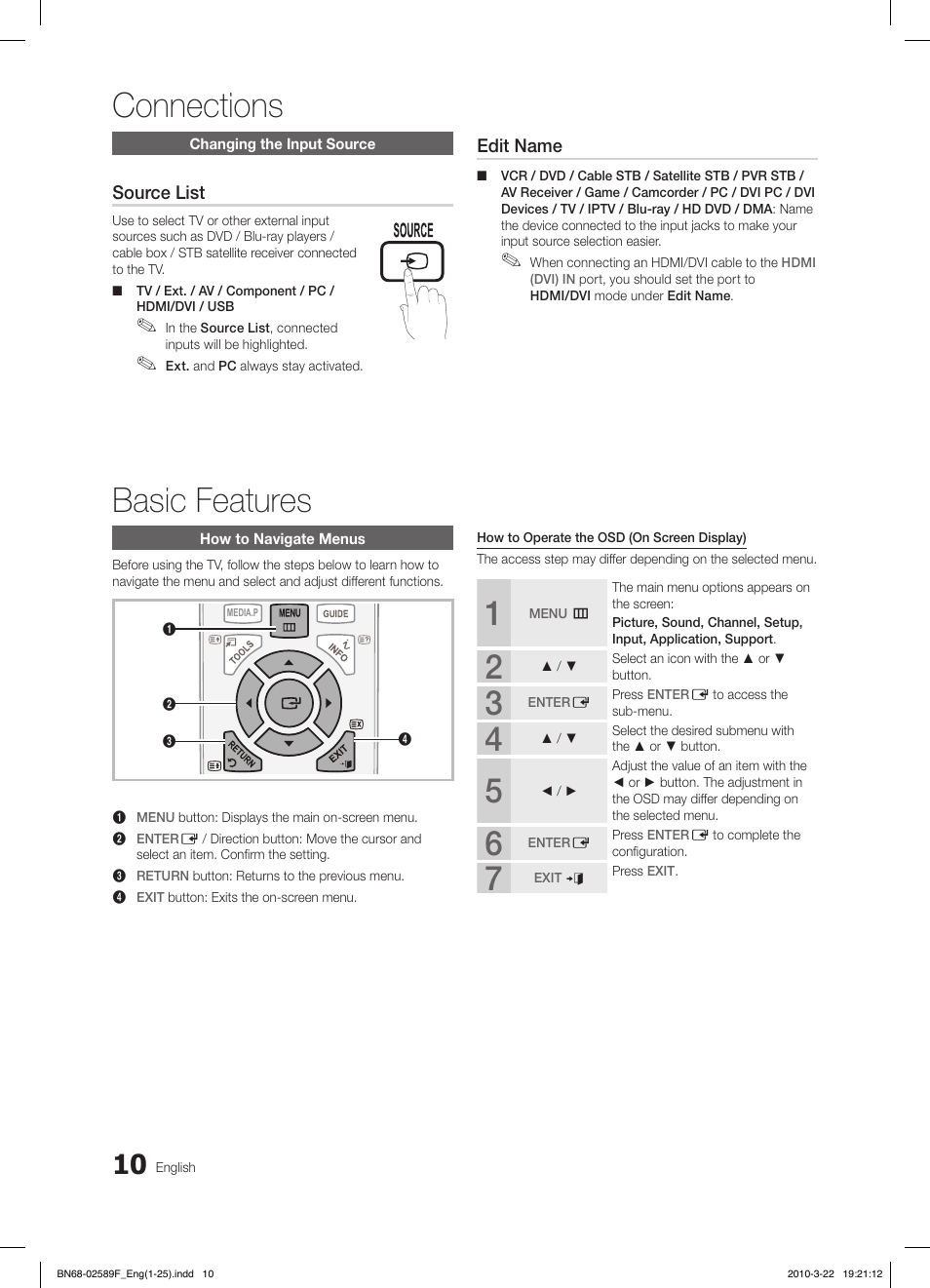 Connections, Basic features, Fav.ch p.mode dual mts | Samsung LE26C350D1W User Manual | Page 10 / 133