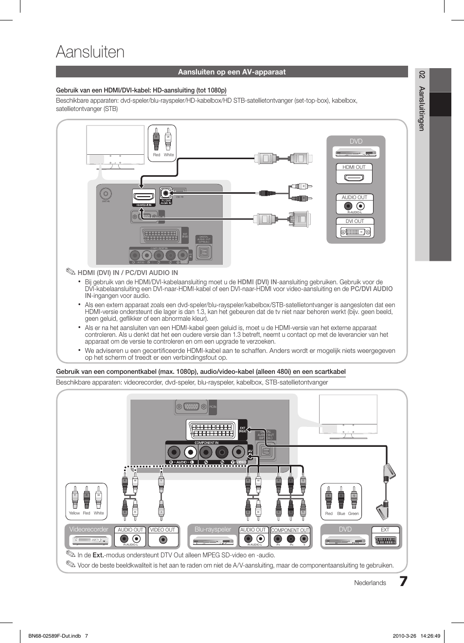 Aansluiten, 02 aansluitingen aansluiten op een av-apparaat, Nederlands | Blu-rayspeler dvd videorecorder | Samsung LE26C350D1W User Manual | Page 106 / 133