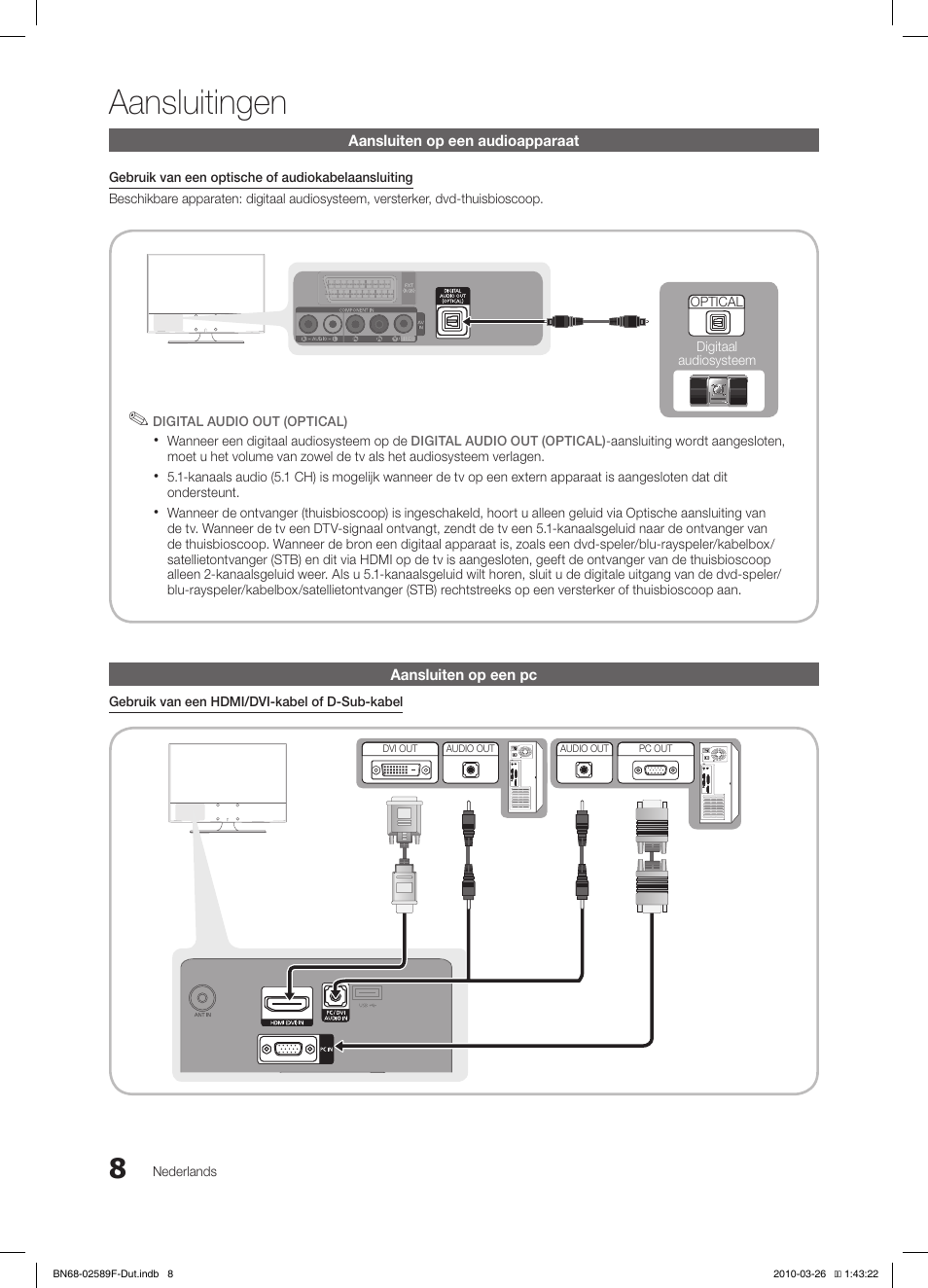 Aansluitingen, Aansluiten op een audioapparaat, Aansluiten op een pc | Nederlands, Wanneer een digitaal audiosysteem op de, Optical digitaal audiosysteem, Gebruik van een hdmi/dvi-kabel of d-sub-kabel | Samsung LE26C350D1W User Manual | Page 107 / 133