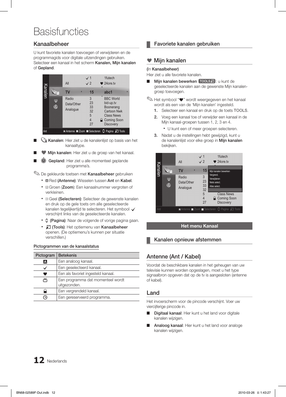 Basisfuncties, Kanaalbeheer, Mijn kanalen | Antenne (ant / kabel), Land | Samsung LE26C350D1W User Manual | Page 111 / 133