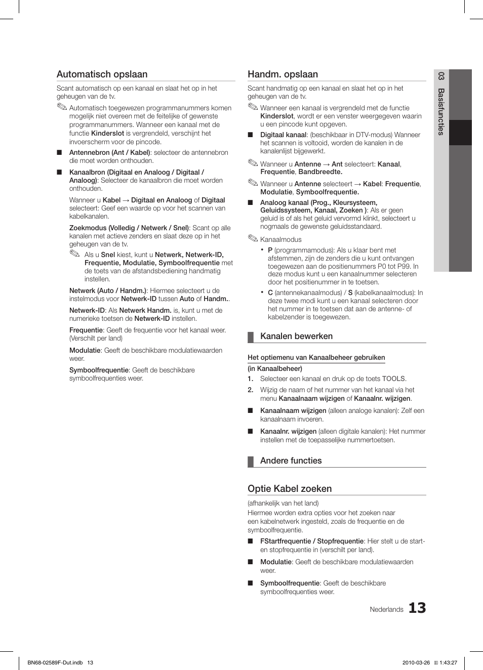 Automatisch opslaan, Handm. opslaan, Optie kabel zoeken | Samsung LE26C350D1W User Manual | Page 112 / 133