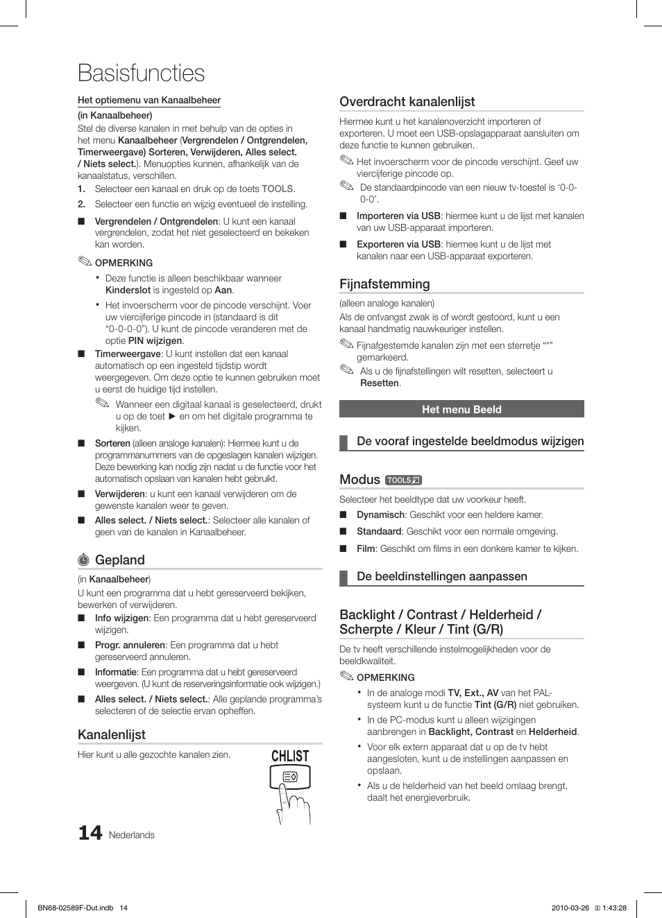 Basisfuncties | Samsung LE26C350D1W User Manual | Page 113 / 133