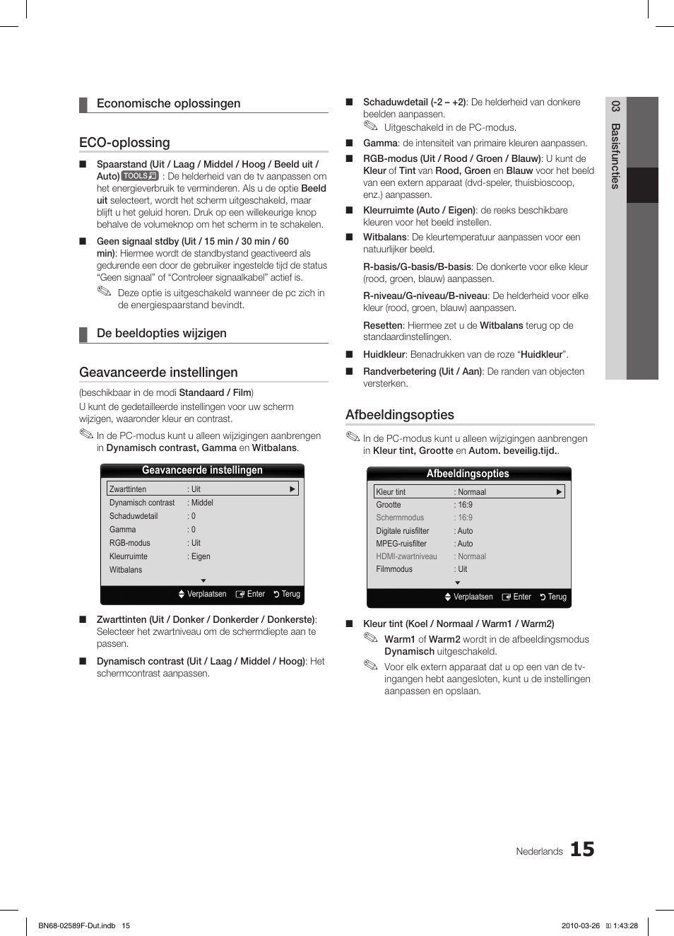 Eco-oplossing, Geavanceerde instellingen, Afbeeldingsopties | Samsung LE26C350D1W User Manual | Page 114 / 133