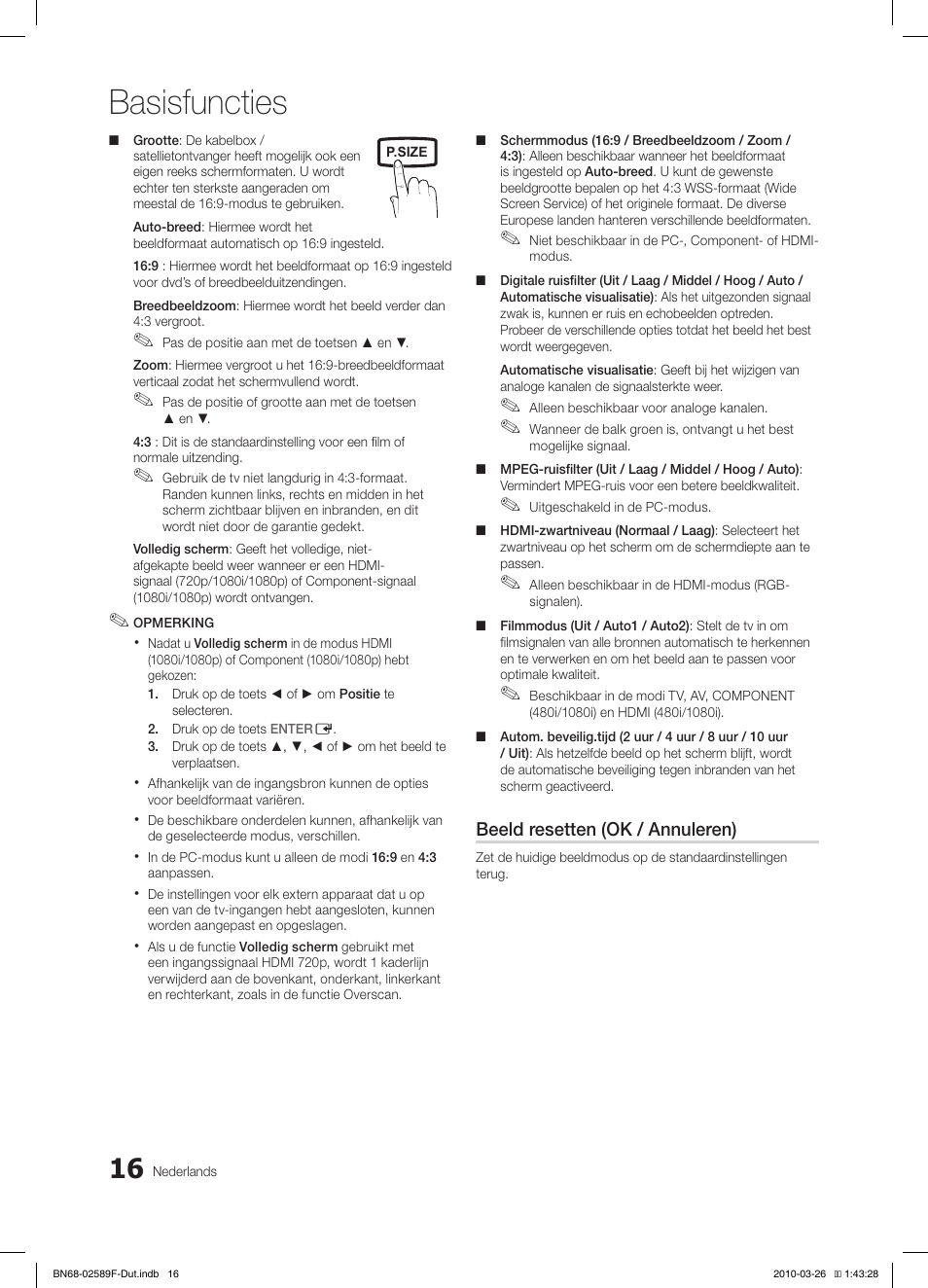 Basisfuncties | Samsung LE26C350D1W User Manual | Page 115 / 133