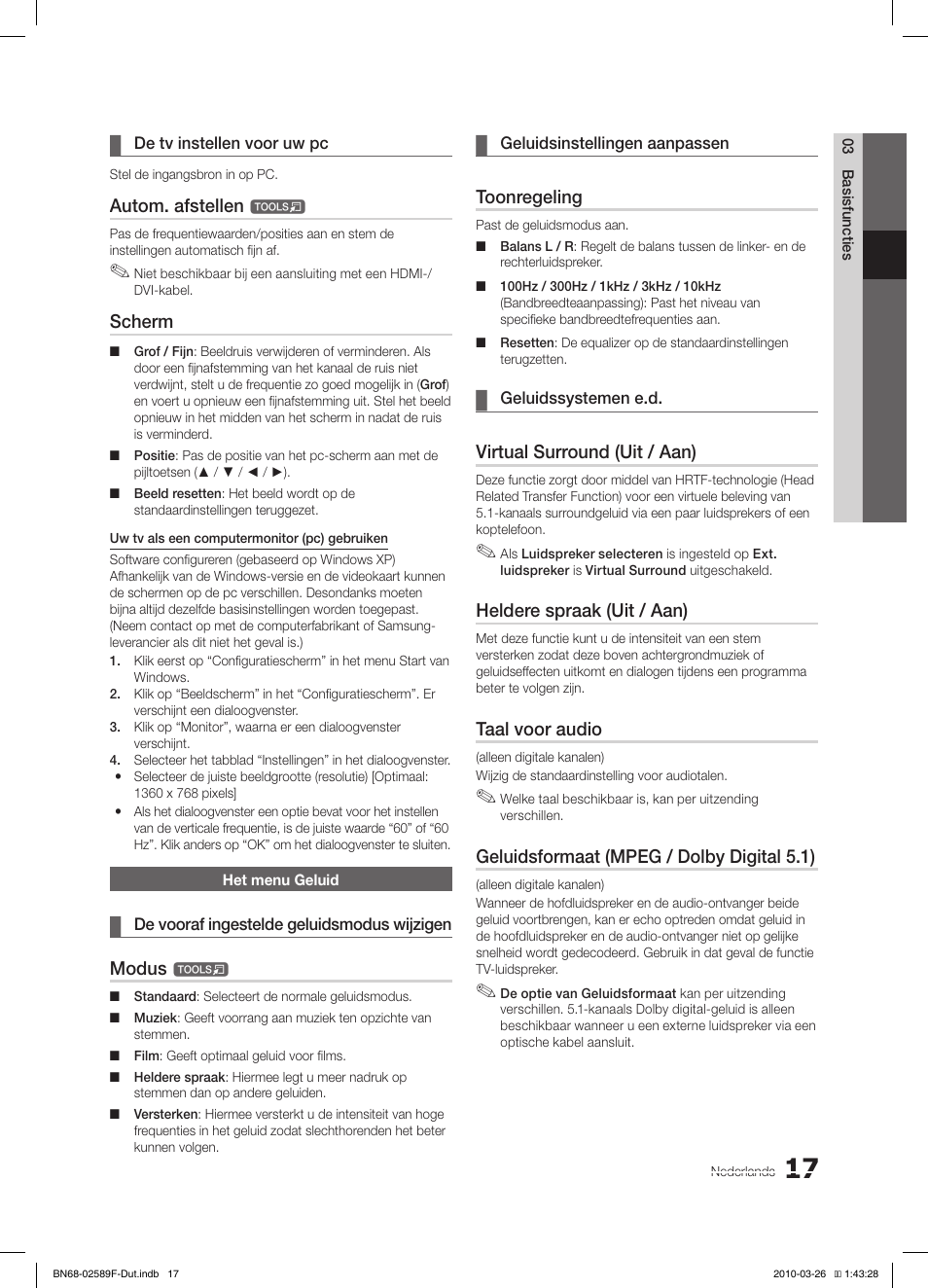 Autom. afstellen, Scherm, Modus | Toonregeling, Virtual surround (uit / aan), Heldere spraak (uit / aan), Taal voor audio, Geluidsformaat (mpeg / dolby digital 5.1) | Samsung LE26C350D1W User Manual | Page 116 / 133