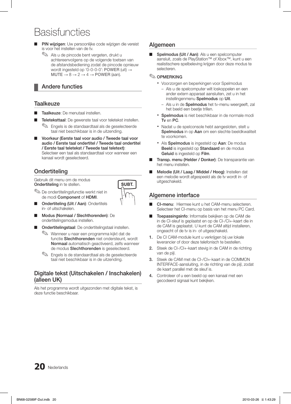 Basisfuncties | Samsung LE26C350D1W User Manual | Page 119 / 133