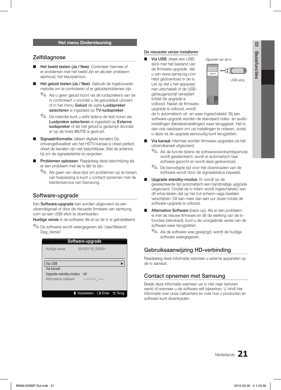 Zelfdiagnose, Software-upgrade, Gebruiksaanwijzing hd-verbinding | Contact opnemen met samsung | Samsung LE26C350D1W User Manual | Page 120 / 133