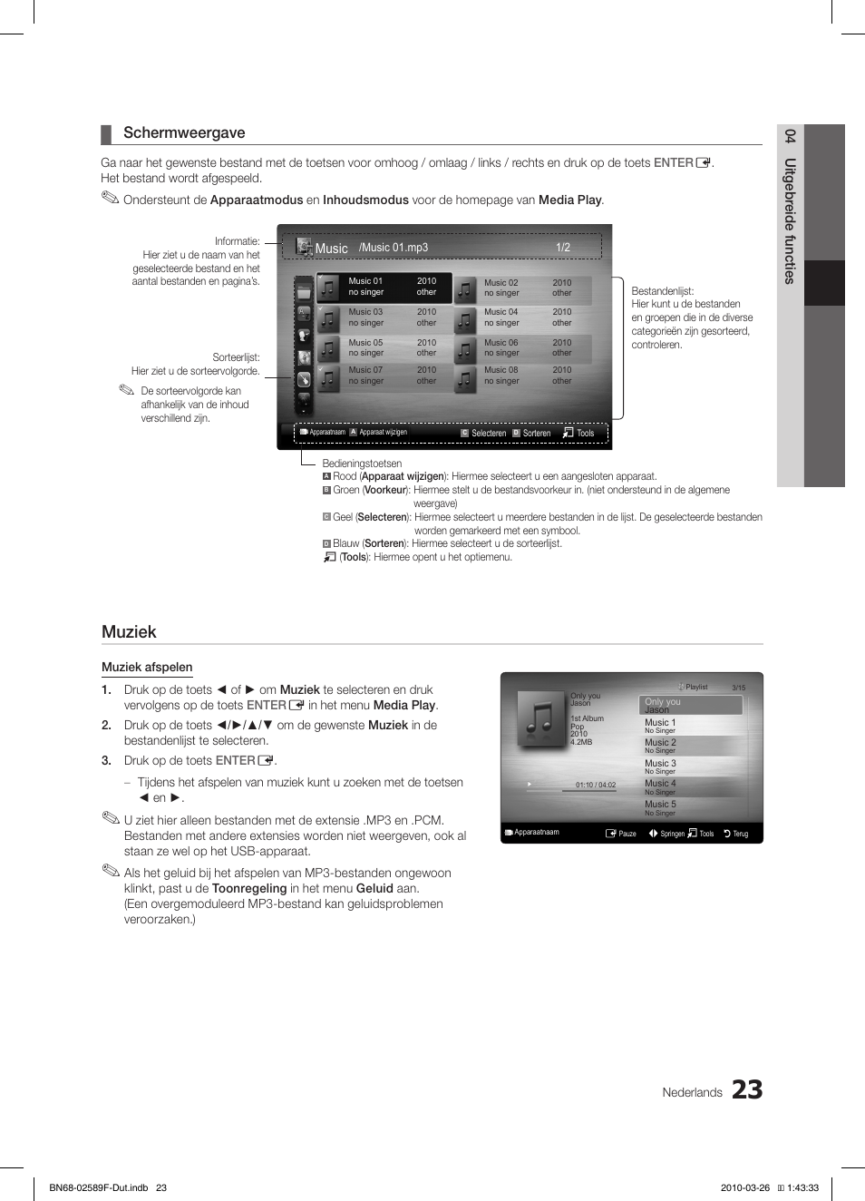 Muziek, Schermweergave, 04 uitgebr eide functies | Music | Samsung LE26C350D1W User Manual | Page 122 / 133