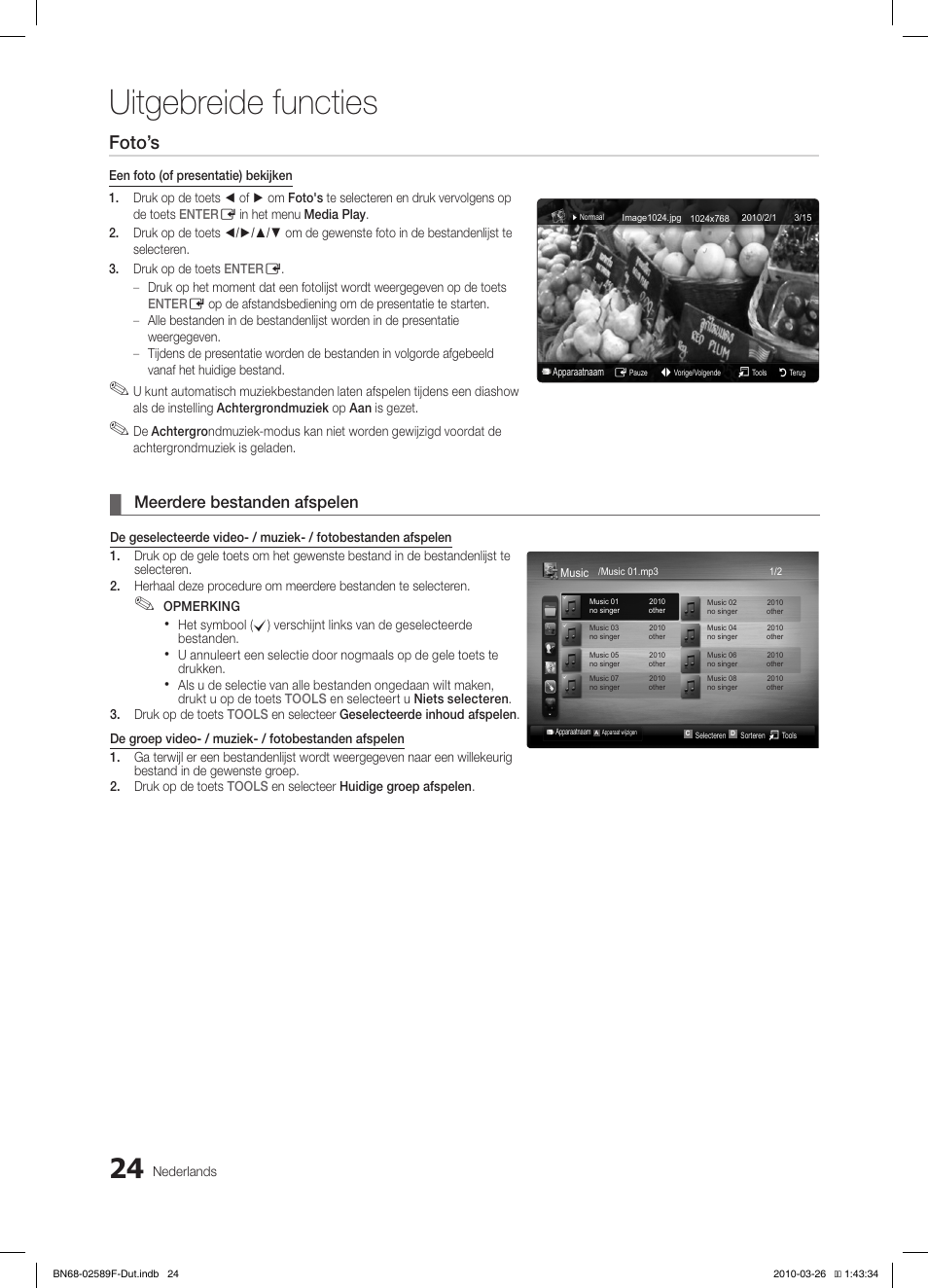 Uitgebreide functies, Foto’s, Meerdere bestanden afspelen | Samsung LE26C350D1W User Manual | Page 123 / 133