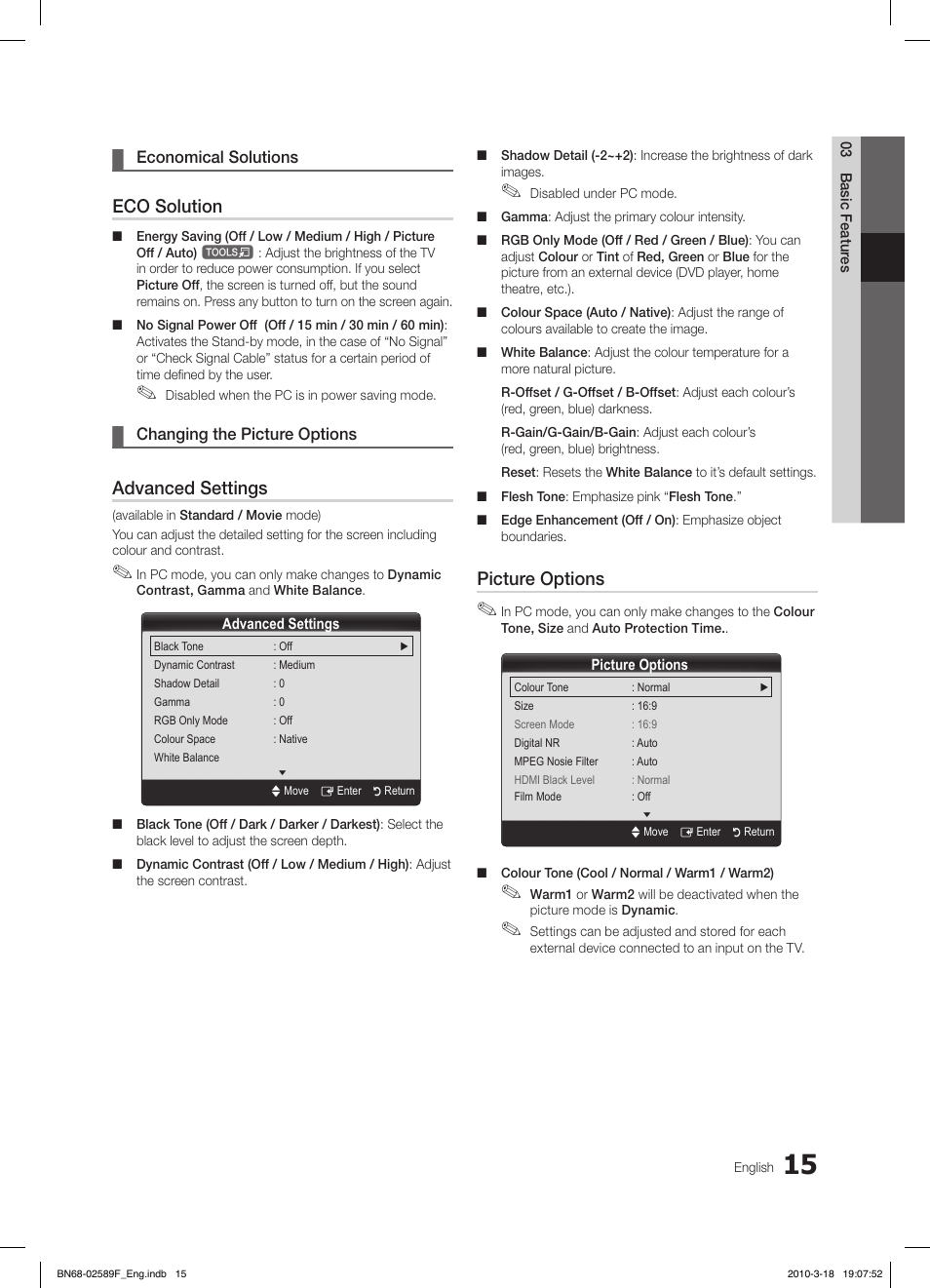 Eco solution, Advanced settings, Picture options | Samsung LE26C350D1W User Manual | Page 15 / 133