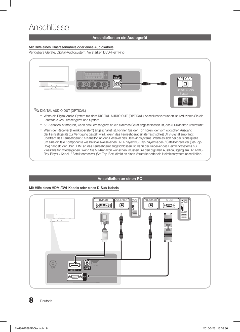 Anschlüsse, Anschließen an ein audiogerät, Anschließen an einen pc | Samsung LE26C350D1W User Manual | Page 74 / 133