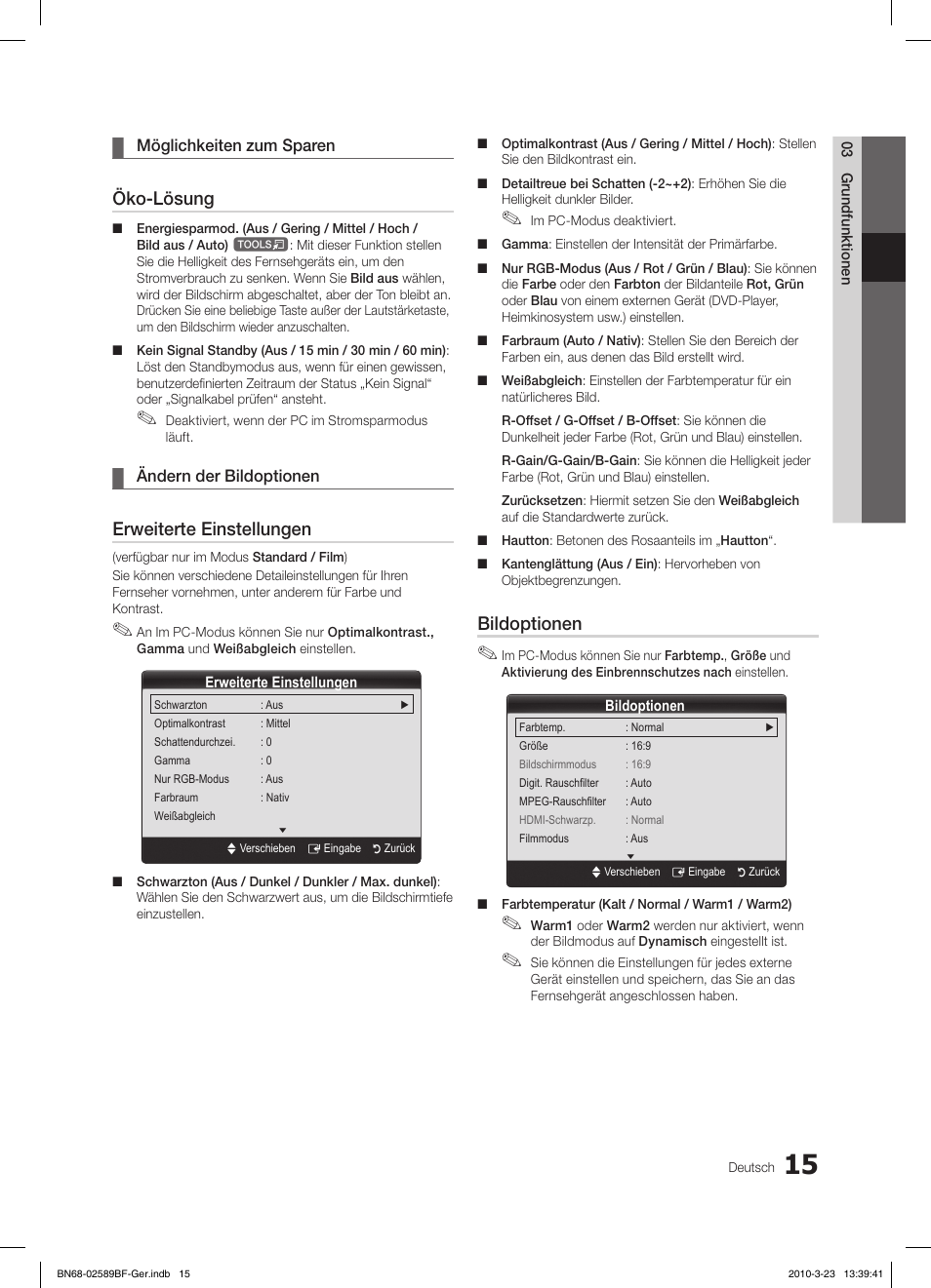 Öko-lösung, Erweiterte einstellungen, Bildoptionen | Samsung LE26C350D1W User Manual | Page 81 / 133