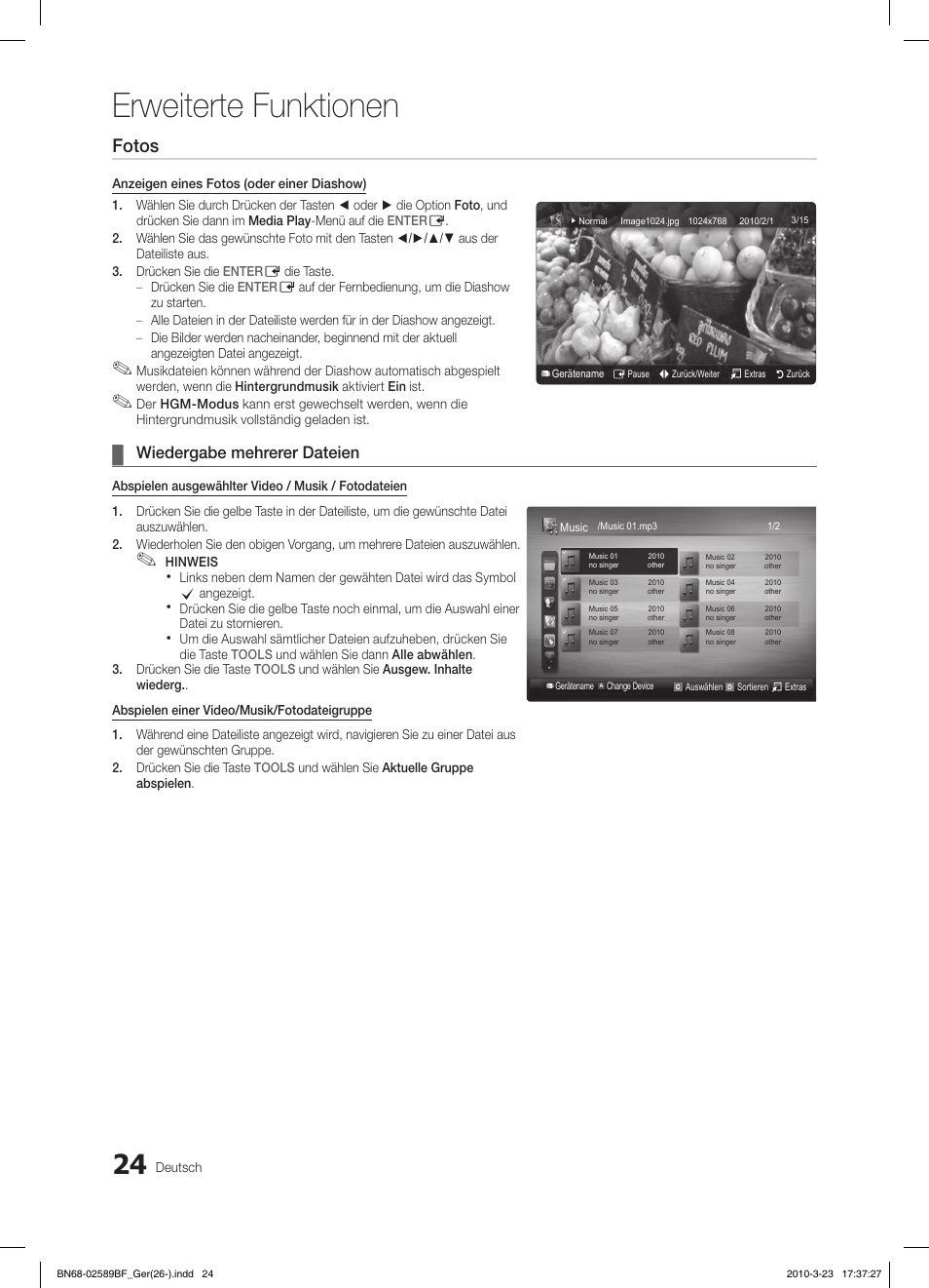 Erweiterte funktionen, Fotos, Wiedergabe mehrerer dateien | Samsung LE26C350D1W User Manual | Page 90 / 133