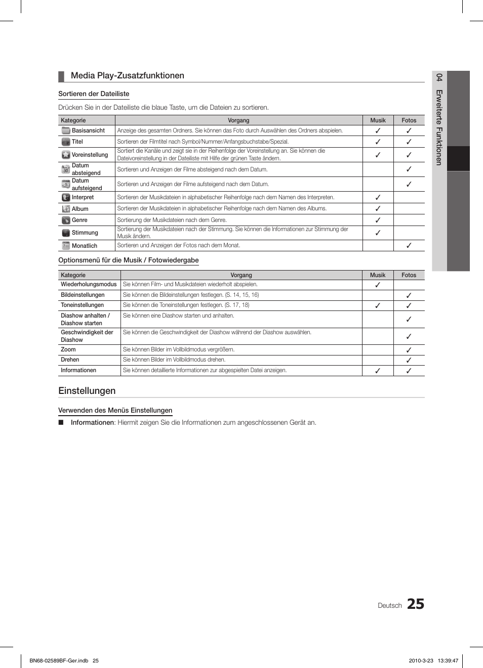 Einstellungen, Media play-zusatzfunktionen | Samsung LE26C350D1W User Manual | Page 91 / 133
