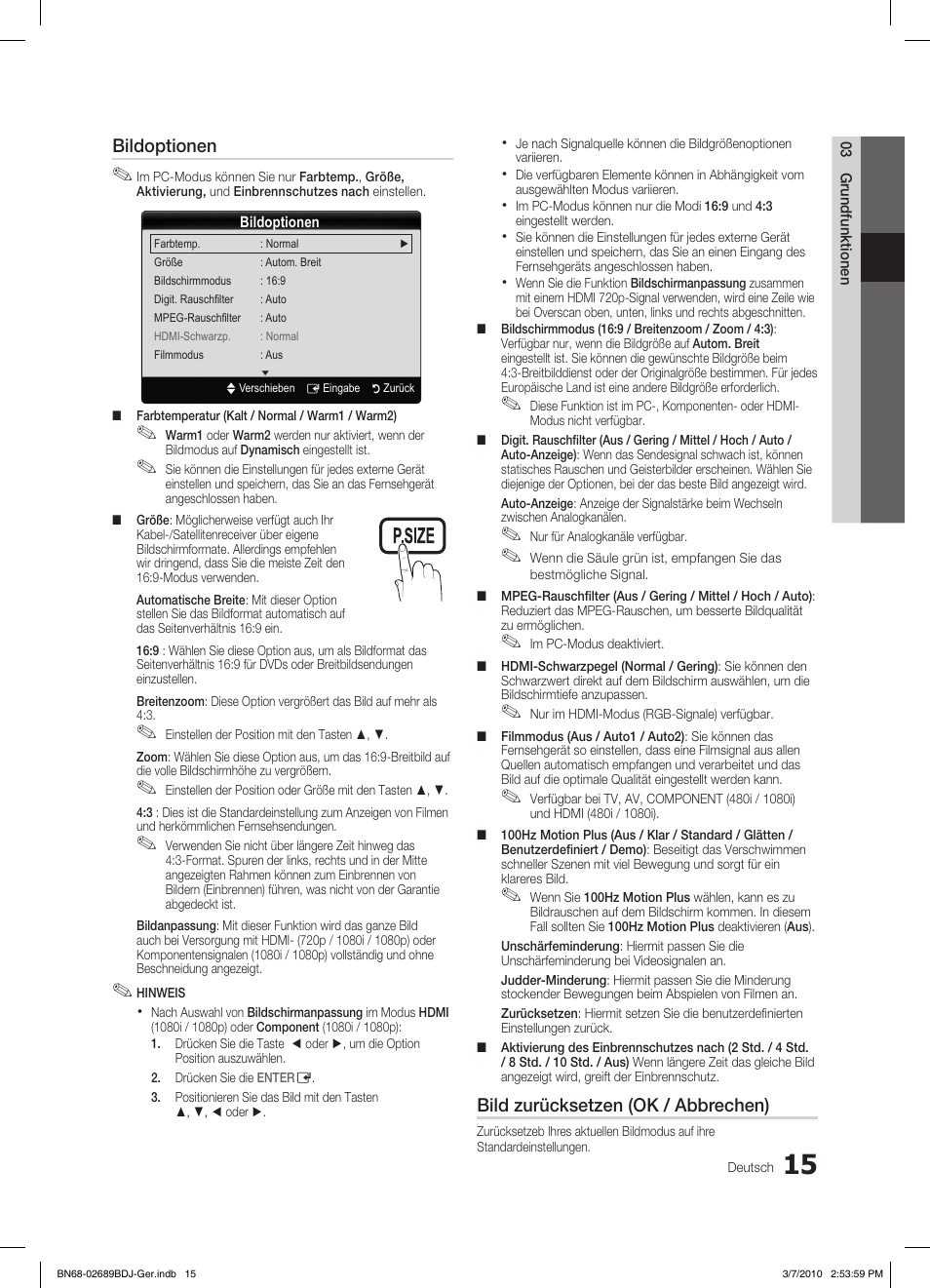 S.mode p.mode, Bildoptionen, Bild zurücksetzen (ok / abbrechen) | Samsung LE40C630K1W User Manual | Page 113 / 197